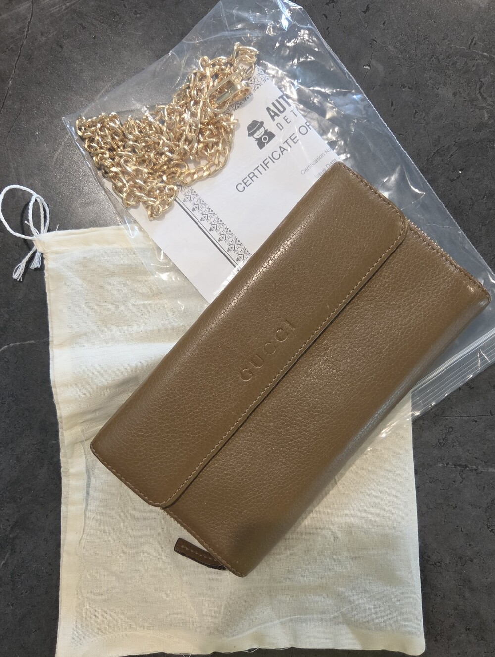 Gucci Brown Pebbled Leather Crossbody Wallet With COA